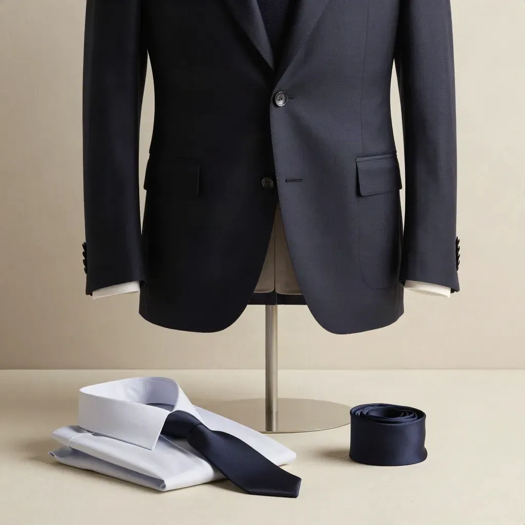 Navy suit jacket and trousers beside a folded white shirt and tie on ivory plaster.