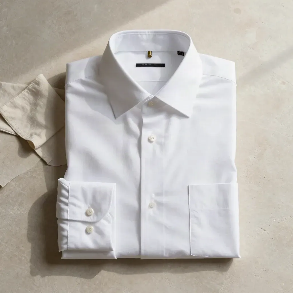 Overhead flatlay of a white poplin shirt with open collar, fanned cuffs and pearl buttons on pale stone.