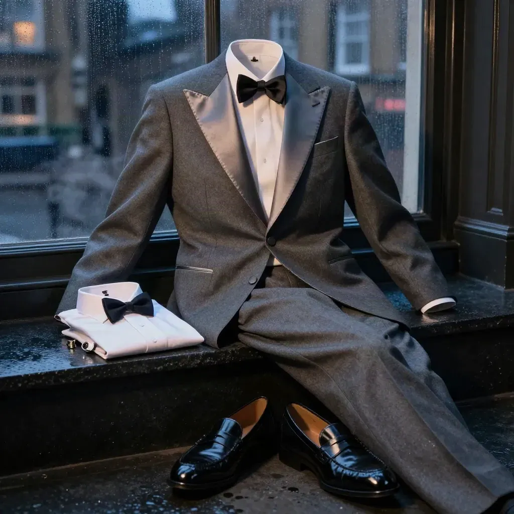 Open tuxedo set with shirt, bow tie, cufflinks and loafers on a rain-dark stone plinth.
