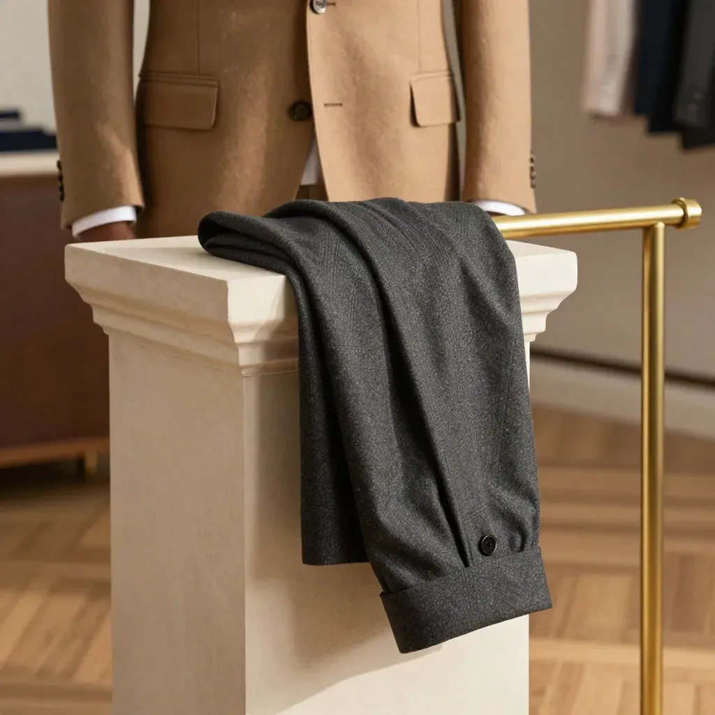 Camel wool blazer on a pale stone plinth with pocket square and flannel cuff in soft brass light
