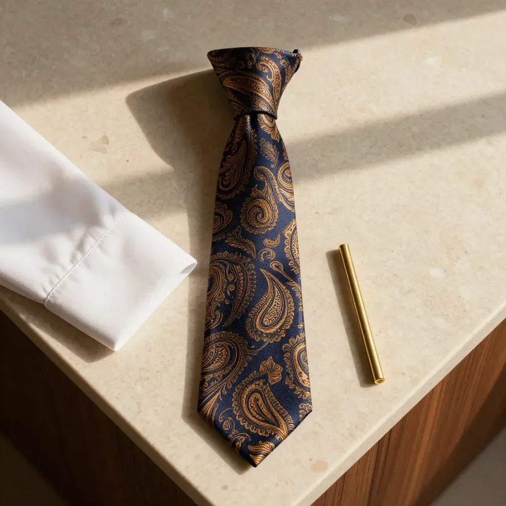 Silk paisley tie with cuff and tie bar on travertine slab