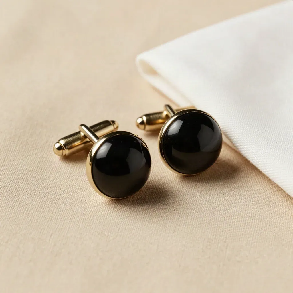 Onyx knot cufflinks on linen beside a folded shirt cuff in soft studio light.