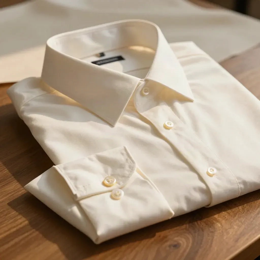 Ivory dress shirt macro with poplin weave, spread collar and mother-of-pearl buttons.